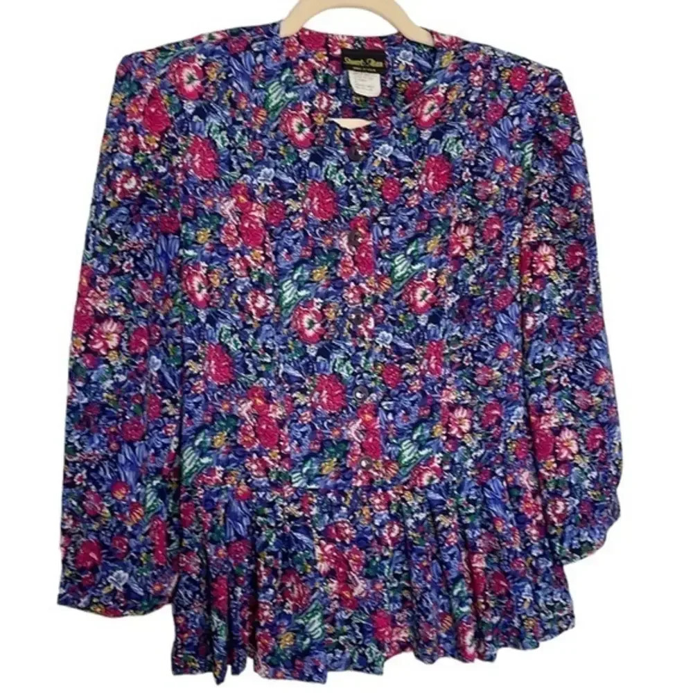 Vintage Stuart Alan Floral Ruffle Bottom Button‎ Down Top Size 8